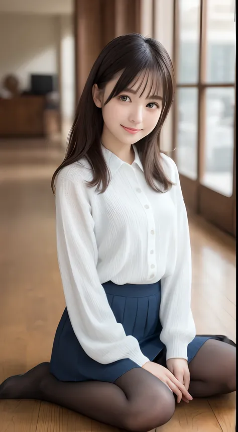 (Happy expression on face:1.26)、Raw photography、(((Ultimate Beauty Full Body Shooting)))、((glistning skin))、女の子1人、17-year-old beautiful girl in Prague、bright expression、((brown haired))、Girl in a knitted shirt、skirt by the、View from the floor、(Long stockin...