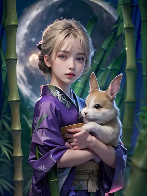 8K, Raw photo, Photorealistic, (Detailed skin, Best Quality:1.2), ((purple kimono)), (light blonde updo hair:1.3, short bangs), Teenage Japanese girl in dark forest at night, (baby face, Neat face, Fairer skin), (Bamboo forest, background large full moon:1...