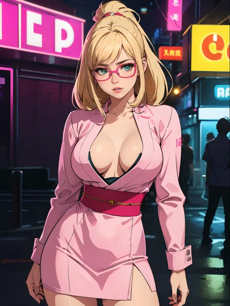 1girl, ((Lovely, Beautiful)), Corpo Perfeito, bochechas rosadas, penteado elegante da princesa,, blonde hair, glasses
Japanese cyberpunk style dress, clivagem, bright lips, Chest exposed,((Olhos detalhados)),
posing in front of neon buildings, ((pink neon ...