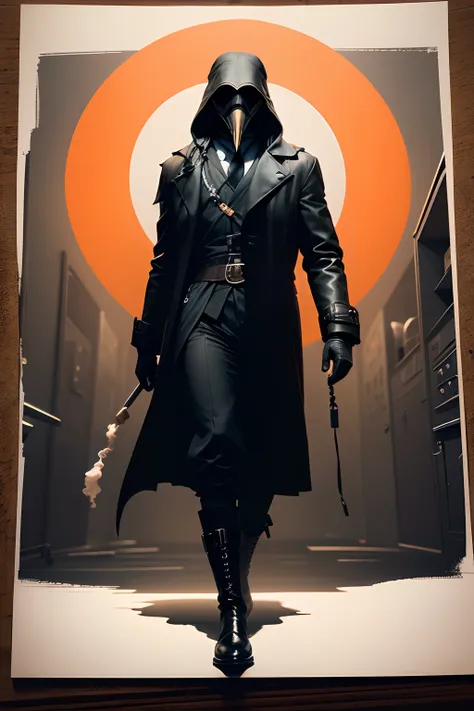 Illustrated Portrait of 1 man wearing a ((beaked white plague doctor mask)) and a hooded black leather coat, black gloves, and black boots, staring menacingly into the camera, 1930s pulp style :: in the style of RISO print ::  Shot on Kodacolor VR 400 :: h...