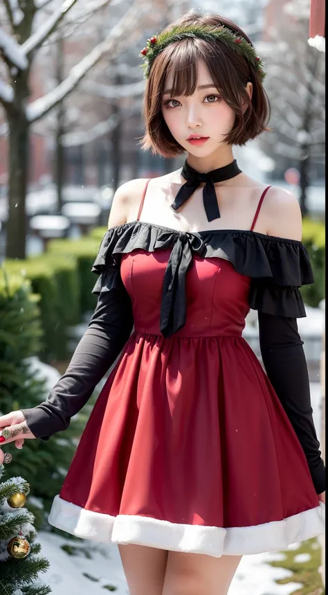 Christmas girl, black short hair Emo Pin up Girl, red christmas dress, Striking a pose, natural make up, skinny innocent, in a snowy garden, heavenly, midshot, centered image, good girl, innocent girl