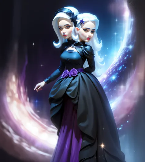 2heads, Trixie, closeup, white skin, black dress, forest galactic level 27, full body