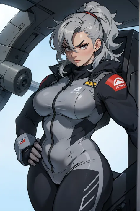 grey hair grey eyes (muscular) curvy (contempt expression) solo pilot suit (1 girl)