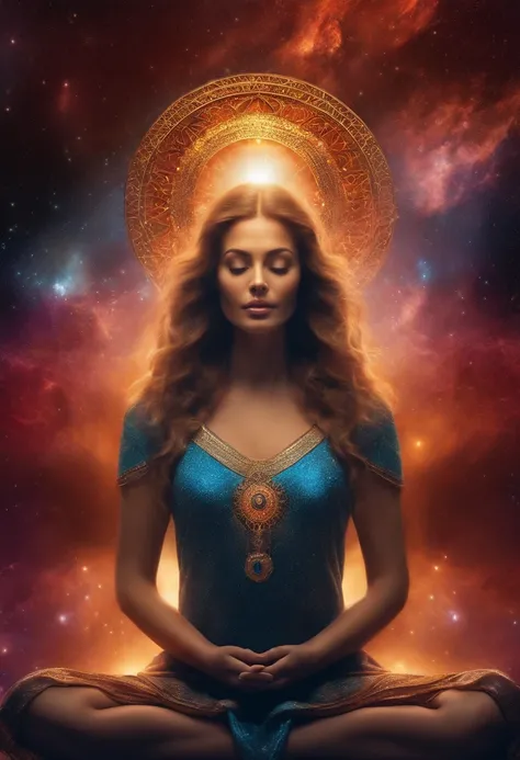 Mystical woman in the middle of the universe Astral body, deep meditation, Etéric atmosphere, Aurico