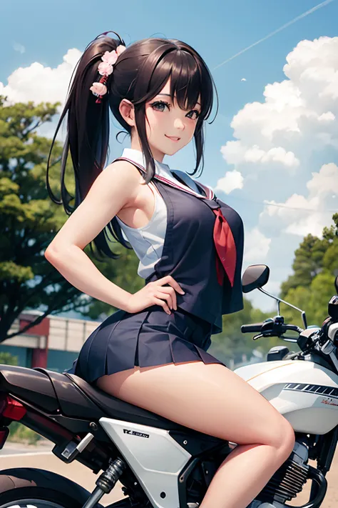 Japan schoolgirl riding motorcycle,Happy!!!, , motor cycle,[ photos realistic ]!!, hight resolution,sleeveless、white panty