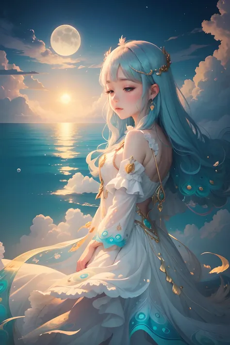 Island near, sky so clear, Moon for love, Fairy tear, dressed in white peacock feathers, clouds swirl, swirl Cloud above 24k