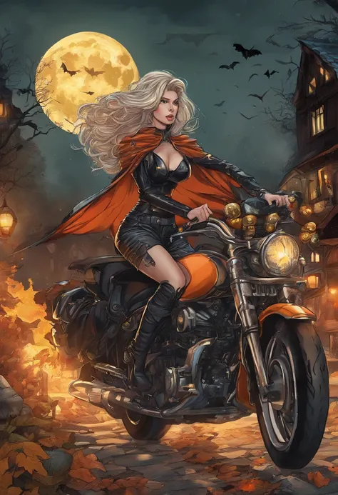 (best quality,4k,8k,highres,masterpiece:1.2),ultra-detailed,(realistic,photorealistic,photo-realistic:1.37),witch, detailed face, detailed eyes, detailed lips, moon, Halloween, sexy, riding a motorcycle, dark atmosphere, night, autumn, black outfit, flying...