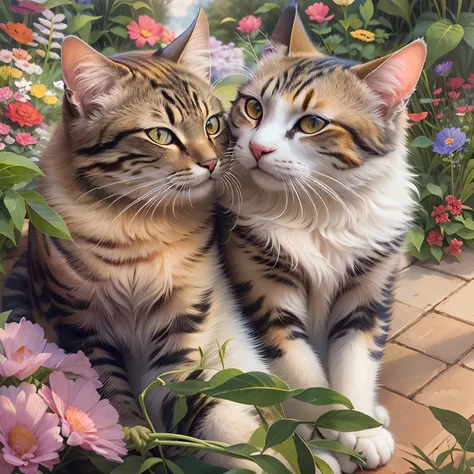 Two cats hugging each other, trpical garden,