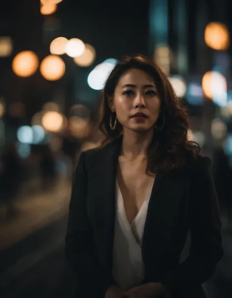 Actor Andrea, Tokyo street,night, cityscape,city lights, upper body,close-up, 8k, RAW photo, best quality, masterpiece,realistic, photo-realistic,