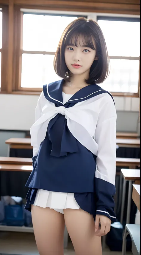 (Top Quality, 8K, Masterpiece: 1.3)), Focus: 1.2, Perfect Body Beauty: 1.8, Ass: 1.2, ((Layered Haircut, Breasts: 2.5)), Japan High School Girl, Sailor Suit Worn by Japan High School Students, JK, (School, Classroom), Highly Detailed Face and Skin Texture,...