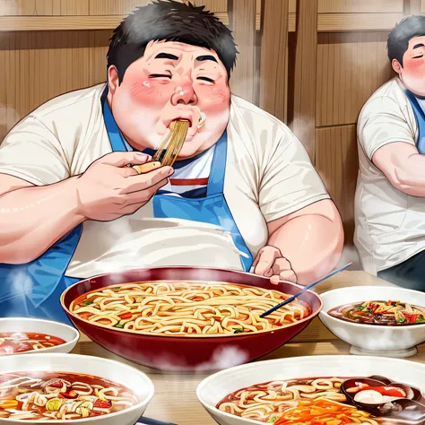 There are 10 men sitting at a table eating noodles and soup,Smoking alone。There is a lot of smoke coming out of the mouth。 Eating ramen, gluttony, eating noodles, super realistic food picture, mukbang, Little person devouring food々, Amazing food illustrati...