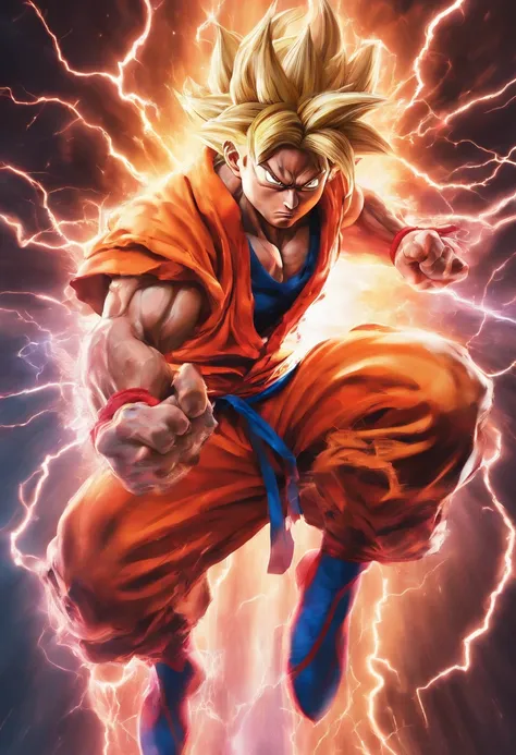 Realistic 3D rendering of Goku Super Saiyan fusion spider-man, Surrounded by lightning, big muscle, full body photo shot, hyper realisitic