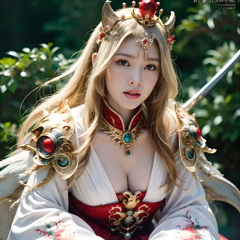 (Fight fiercely with dragons)、top-quality、​masterpiece、超A high resolution、（White Dragon Armor）、dragon armor、(Wearing a beautiful crown made of jewels),(Photorealsitic:1.4)、Raw photo、女の子1人、Golden hair、glowy skin、(((With the legendary sword)))、（Gorgeous Jewe...