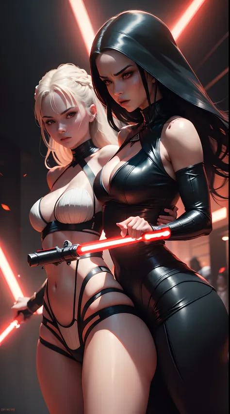 Seductive Sith Master taking a fighting stance against a Sexy Jedi Master, both have lightsabers, cinematic shot, dynamic lighting, powerful image, 8K