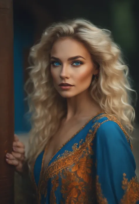 very pretty woman with long curly blonde hair and pretty blue eyes bell piercing full body shot