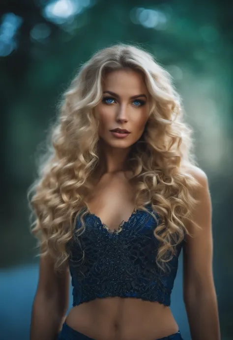 very pretty woman with long curly blonde hair and pretty blue eyes bell piercing full body shot