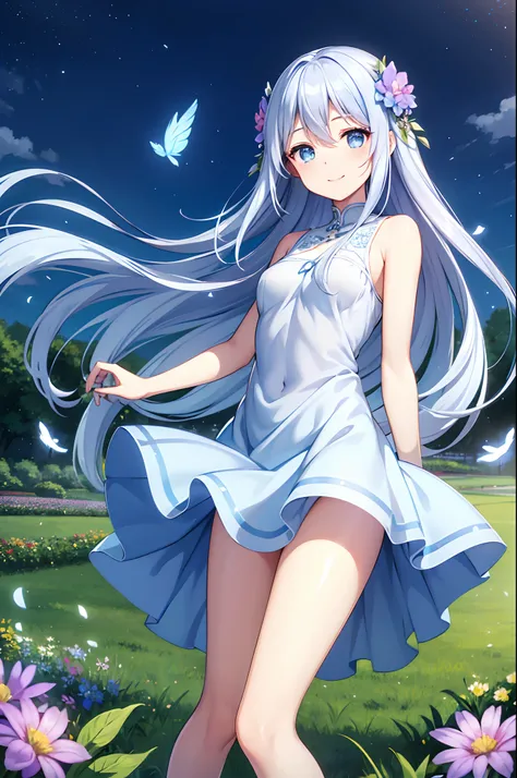 top-quality、Floral hair ornament、light blue  eyes、a small face、Light blue long hair、Hair fluttering in the wind、A charming smile、huge tit、Open chest、Silver Dress、beauty legs、flower  field、evening、Background blur