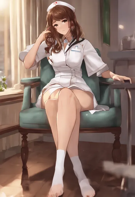 sakaiyuki,solo ,(((twinkle in the eyes, nsfw))),full body , sitting on a chair,nurse,browneyes,brownhair,shorthair, hospital, , (((looking away)))