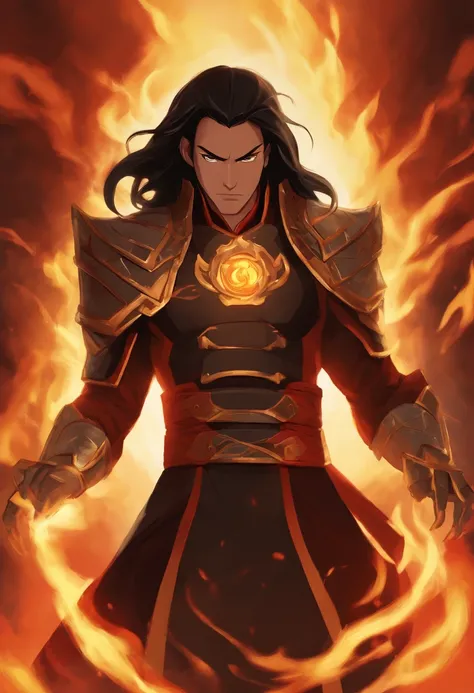 super detailed, 1Man, Long Black Hair, Chi Fighter, Fire Nation Clothes, (((Big Eletric Metal Gauntlet in one hand)))