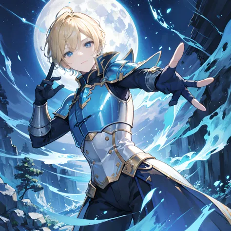 A man in short blonde hair, blue armour points his hand forward shining with magic, in a forest, moon shining brightly in the starry sky