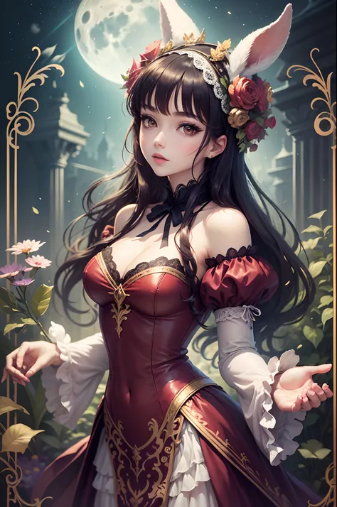 Envision an anime-style illustration featuring an elegant lady with graceful features, adorned in an ornate, Victorian-era rabbit costume, with intricate lace and ribbon details, set against a backdrop of a romantic, moonlit garden, delivering a 4K UHD ima...