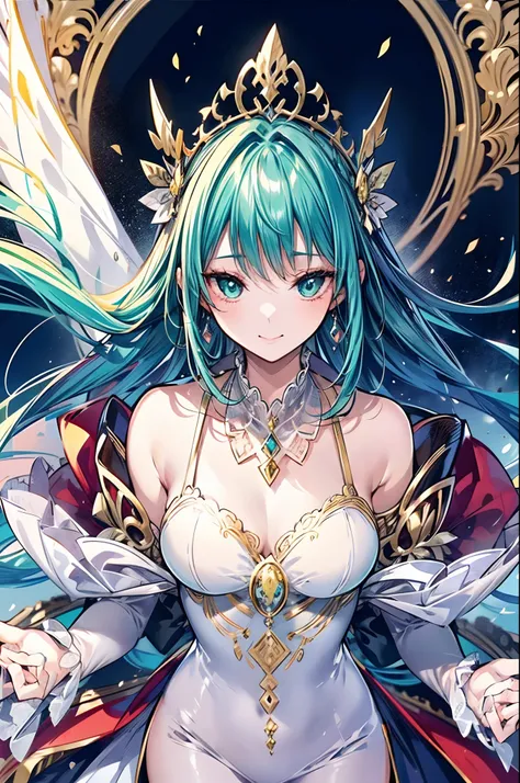 turquoise green hair, The silver and white dress is embellished with gold detailed ornaments，Light and dignified, Cute, Beautiful matured girl, (fine detailed beautiful eyes), weak smiling, Anime - Stylistic illustration of a woman in a white and gold dres...