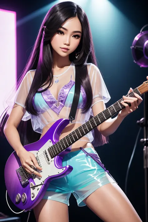 Miss Thailand, very long hair, Transparent waist shirt, Transparent color shorts, Purple Electric Guitar, Play electric guitar in the recording room.