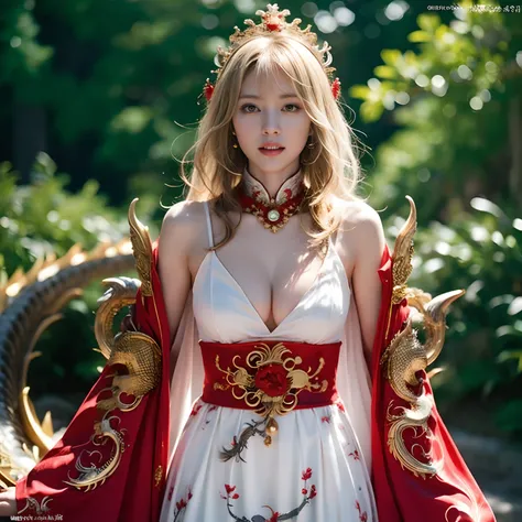 (Fight fiercely with dragons)、top-quality、​masterpiece、超A high resolution、（White Dragon Armor）、dragon armor、(Wearing a beautiful crown made of jewels),(Photorealsitic:1.4)、Raw photo、女の子1人、Golden hair、glowy skin、(((Chinese Dragon)))、（Gorgeous Jewelry Neckla...