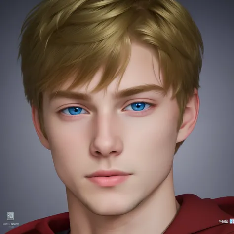 best quality, highres, absurdres, ultra-detailed, white male, teen, boy, blonde, dirty blond, blue eyes, soft blue eyes, faint reckles, red hoodie