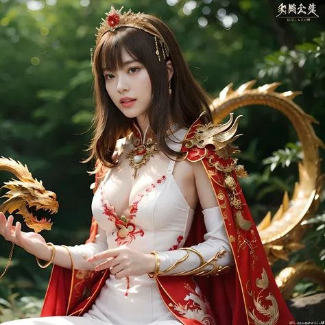 (Fight fiercely with dragons)、top-quality、​masterpiece、超A high resolution、（White Dragon Armor）、dragon armor、(Wearing a beautiful crown made of jewels),(Photorealsitic:1.4)、Raw photo、女の子1人、Golden hair、glowy skin、(((Chinese Dragon)))、（Gorgeous Jewelry Neckla...