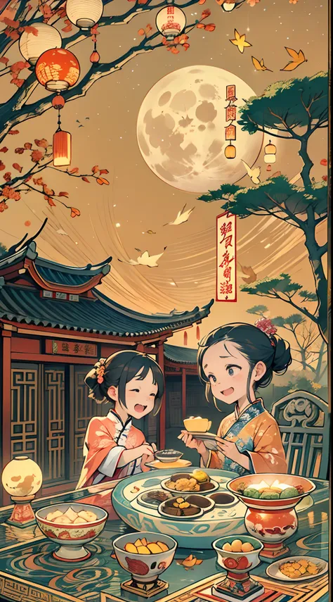 A traditional Chinese courtyard，This courtyard is flooded with golden moonlight，Soft lights illuminate the night sky。In the courtyard，The family was at the table，The tables are filled with a variety of traditional Mid-Autumn Festival foods，Such as mooncake...