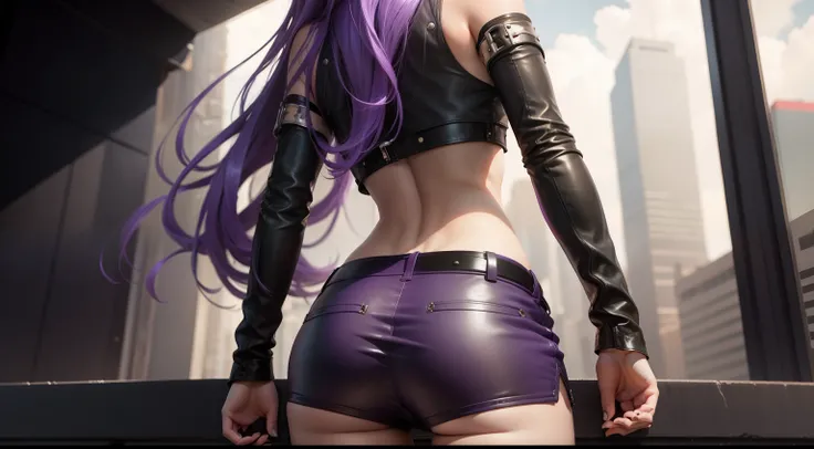 Girl with long purple hair, Slim, cuteface, little chest,  in leather shorts, seen from behind