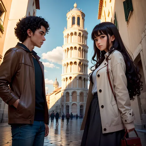 An Italian Chinese brown curly haired girl and an Italian boy in front of the Leaning Tower of Pisa