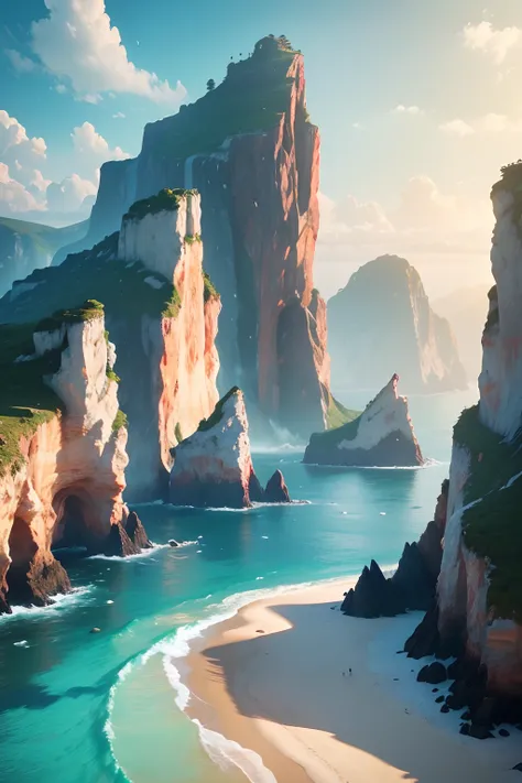 ((Best Quality, 8K, Masterpiece: 1.3)), Clear sea background surrounded by towering cliffs and lush vegetation