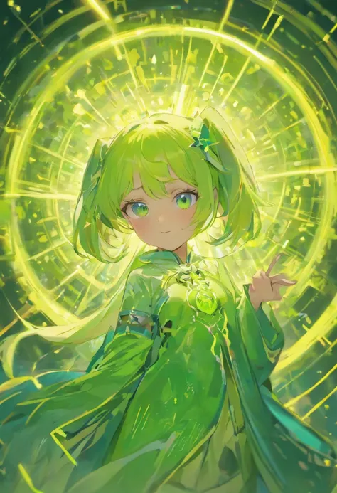 {{Best quality}}, {{Masterpiece}}, {{super ultra detail}}, {{illustration}}, {{Detailed light}}, one-girl，Lime yellow hair，O cabelo multicolorido, Turquoise eyes, Loli style,( beast ear)，The robes of the priests，green color，(Dynamic lighting:1.2)，