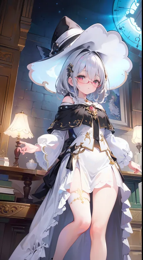 ((Best quality)), ((Masterpiece)), ((Ultra-detailed)), (illustration), (Detailed light), (An extremely delicate and beautiful),A charming young girl,Dramatic perspective,(((Time magic))),magestic,light pollution,White color hair,red pupils,wears glasses,Bl...