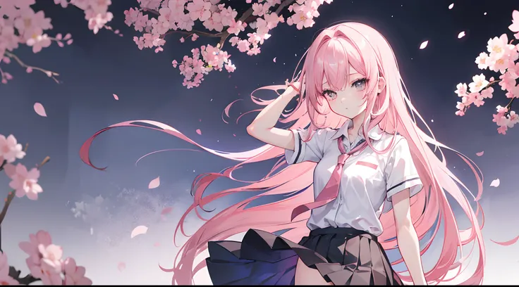 Two-dimensional anime wallpaper，Long pale pink hair，，Cherry blossom hair accessories，girl，White short-sleeved tie-style school uniform，The arm is wrapped in a bandage，Light gray miniskirt，Black panty，Bandages wrapped around his head，Medium build，The hair i...