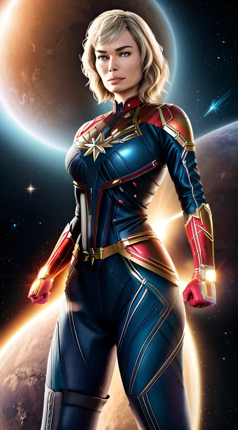 hyper real full-body photo of ((lena headey:1.4)), wears (captain marvel suit:1.2), in the space, planet mars on background, bea...