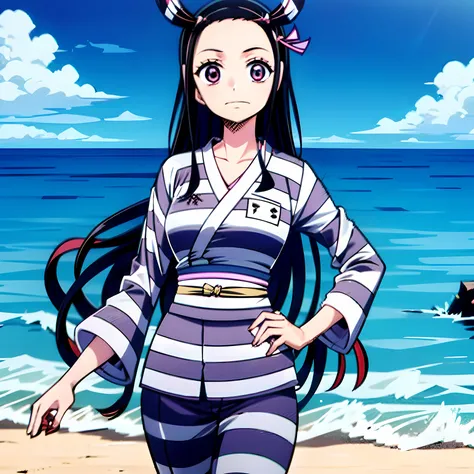 1girl, (shapely body), (solo), 30 years old,  hdr, beach, Nezuko Kamado, priclothes, striped clothes, prisoner, clothes, clothing, outfit, pants, long sleeves,