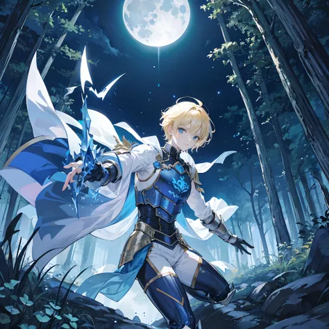 A demon is attacking a human man in short blonde hair, blue armour, in a forest, moon shining in the starry sky