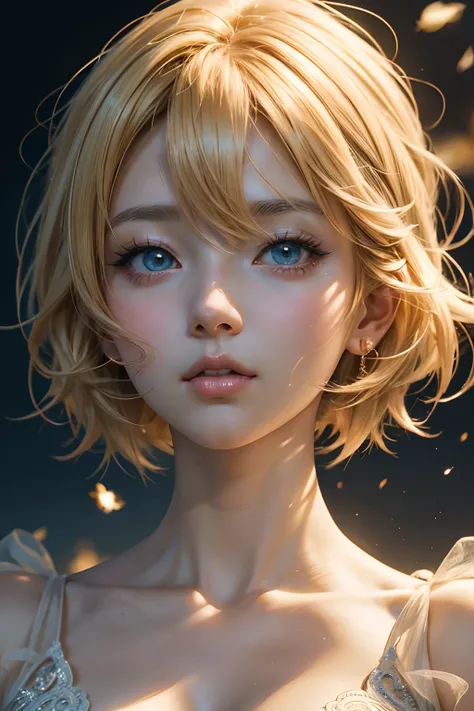 An anime girl with short blonde hair with a graceful figure, beautiful anime portrait, anime style 8K, beautiful anime girl, anime art wallpaper 8 K, beautiful anime artwork, super delicate, in line with common sense