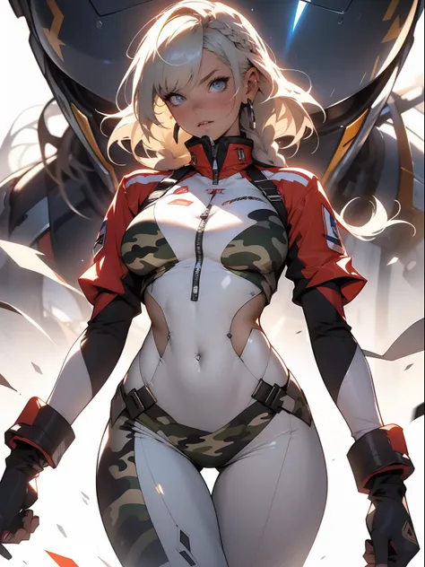 ((Best quality)), ((Masterpiece)), (Detailed: 1.4), (Absurde), A female fighter pilot ready for war in a military bikini, marin, dark skinned, Sculpted body defined, corps entier, Cuisses nues, mouth closed,  Cyberpunk, half-naked, generous neckline, ((Per...