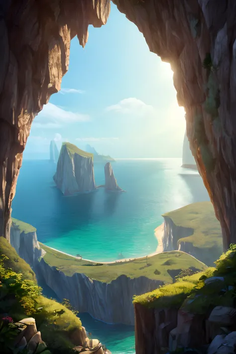 ((Best Quality, 8K, Masterpiece: 1.3)), Clear sea background surrounded by towering cliffs and lush vegetation