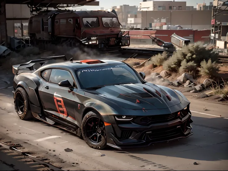 2022 Chevrolet Camaro, red car, two hidden machine guns in front bumper, racing in New York subway rail tracks, gritty lighting, action photo, solo, cowboy shot, zeekars