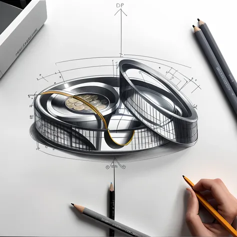 drawing of a stack of coins with a sign above it, technical sketch, sketch of oculus rift, dissection sketch, industrial design ...