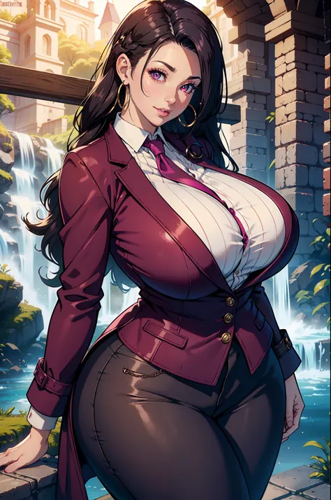 Best quality, solo mature woman, giant breasts, giant ass, very curvy, waterfall braid brunette, magenta eyes eyes, full lips, seductive, smiling, tight long slevee shirt, tweed pants, wool coat, dangly earring, thick thighs, curvy physique