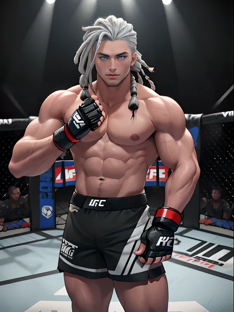 high res, 4k, 8k, masterpiece, sole_male, young, handsome, silver dreadlocks hair, perfect face, detailed eyes and face, blue eyes, muscular, fighting pose, topless, MMA shorts, MMA gloves, MMA UFC, fighting ring atmosphere, dynamic lighting, high res, 4k,...