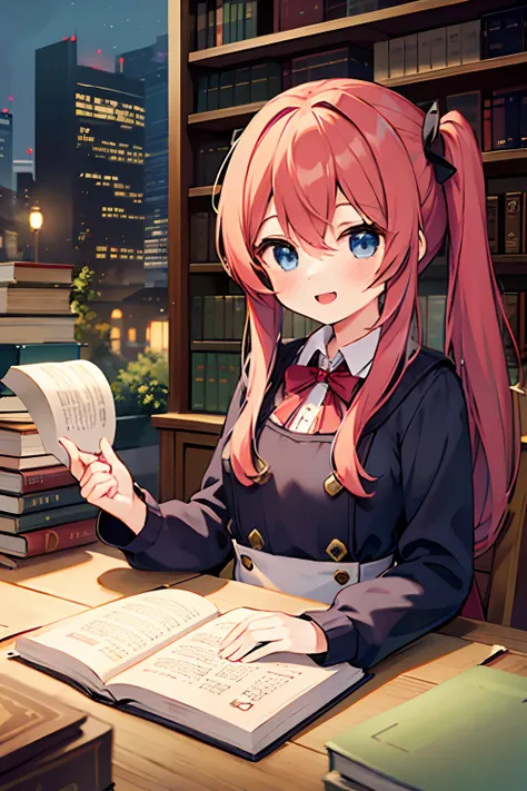 1girl, young girl, masterpiece, high quality, red hair, long hair, straight hair, pony tail, blue eyes, in the library, with many books, reading a book, wearing a white blouse, bright, happy