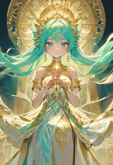 turquoise green hair, The silver and white dress is embellished with gold detailed ornaments，Light and dignified, Cute, Beautiful matured girl, (fine detailed beautiful eyes), weak smiling, Anime - Stylistic illustration of a woman in a white and gold dres...