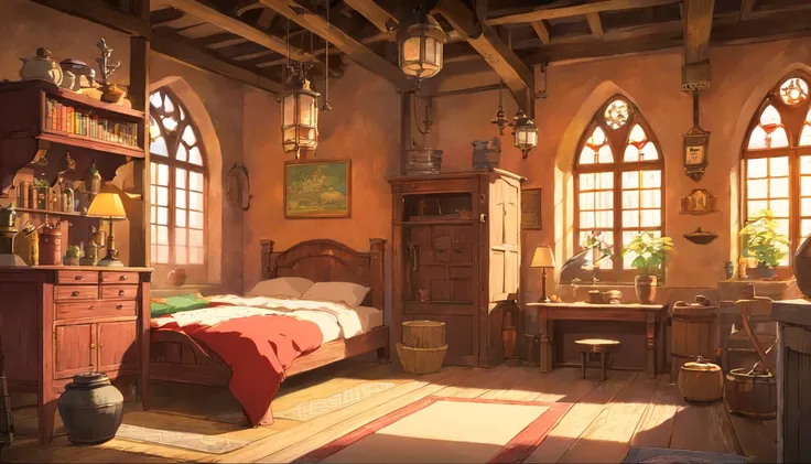 medieval room,bedroom,Industrial-style,daytime